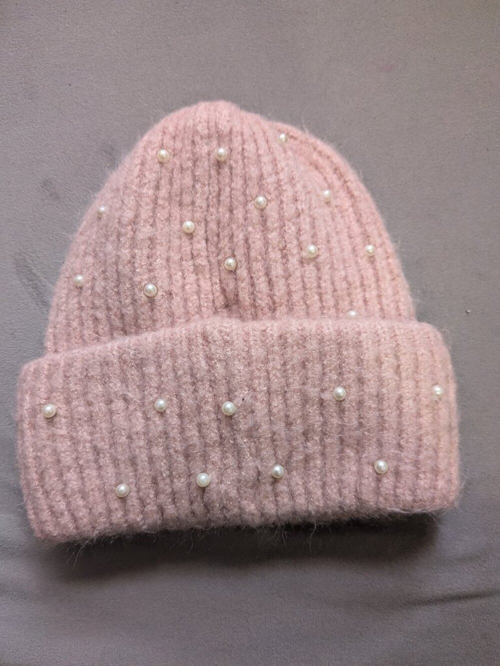 Zara Pink Ribbed Knit Beanie with Faux Pearl Embellishments